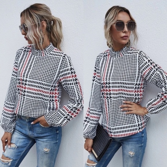 Bellanblue Tops - Houndstooth Print black red mock neck blouse